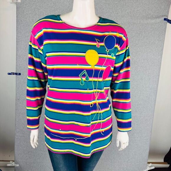 VTG Kathy White Sport Womans 1X Cardigan Shirt Music Stripes Ballon Teal Teacher - Picture 3 of 12